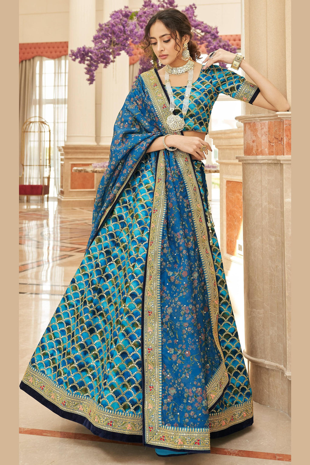 Blue Art Silk Lehenga Choli For Indian & Pakistani Wedding Festival - Sequins & Thread Embroidery Work, Dori Work, Zari Work