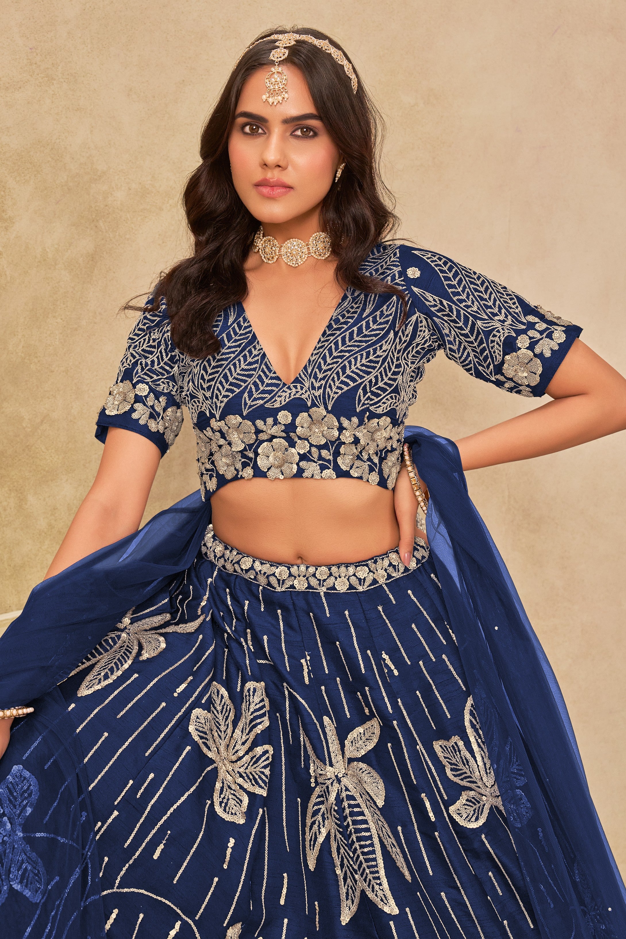 Blue Art Silk Lehenga Choli For Indian & Pakistani Wedding Festival - Sequins & Thread Embroidery Work