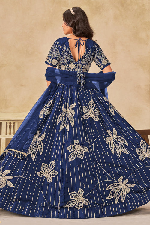 Blue Art Silk Lehenga Choli For Indian & Pakistani Wedding Festival - Sequins & Thread Embroidery Work