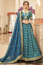 Blue Art Silk Lehenga Choli For Indian & Pakistani Wedding Festival - Sequins & Thread Embroidery Work, Dori Work, Zari Work