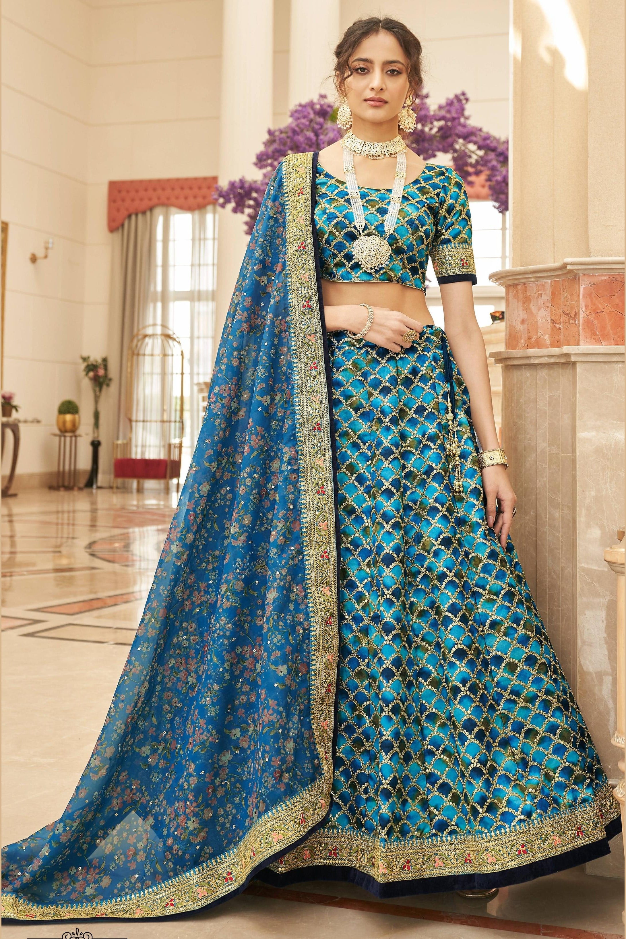 Blue Art Silk Lehenga Choli For Indian & Pakistani Wedding Festival - Sequins & Thread Embroidery Work, Dori Work, Zari Work