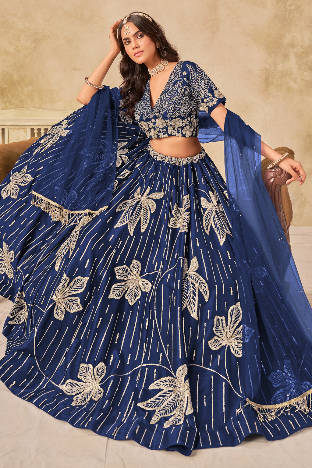 Blue Art Silk Lehenga Choli For Indian & Pakistani Wedding Festival - Sequins & Thread Embroidery Work