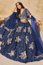 Blue Art Silk Lehenga Choli For Indian & Pakistani Wedding Festival - Sequins & Thread Embroidery Work