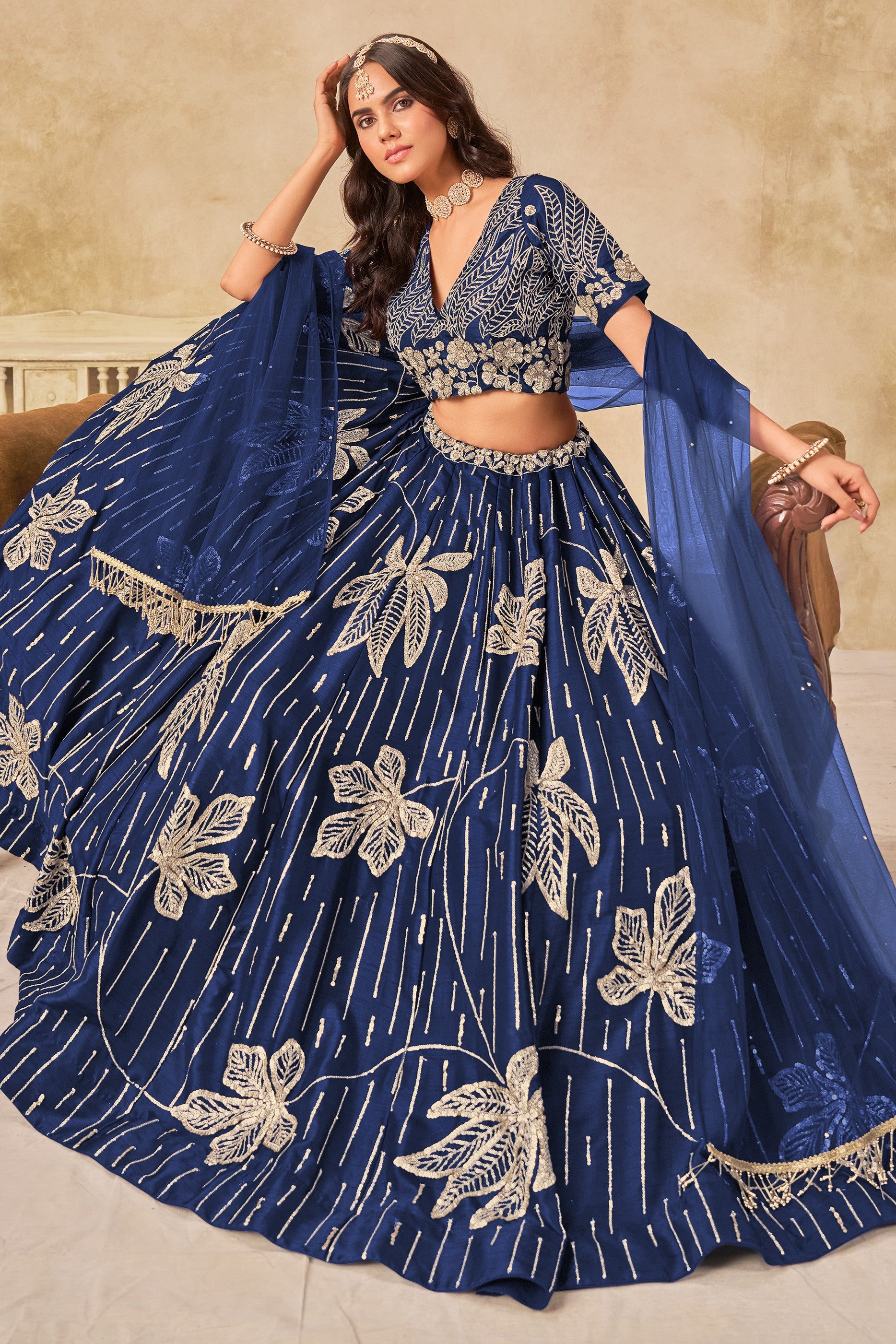 Blue Art Silk Lehenga Choli For Indian & Pakistani Wedding Festival - Sequins & Thread Embroidery Work