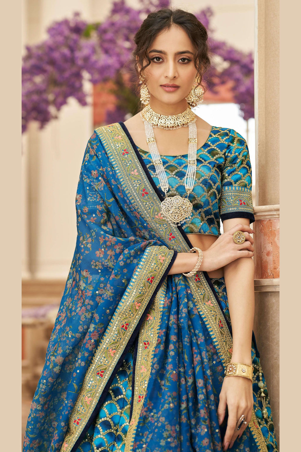 Blue Art Silk Lehenga Choli For Indian & Pakistani Wedding Festival - Sequins & Thread Embroidery Work, Dori Work, Zari Work