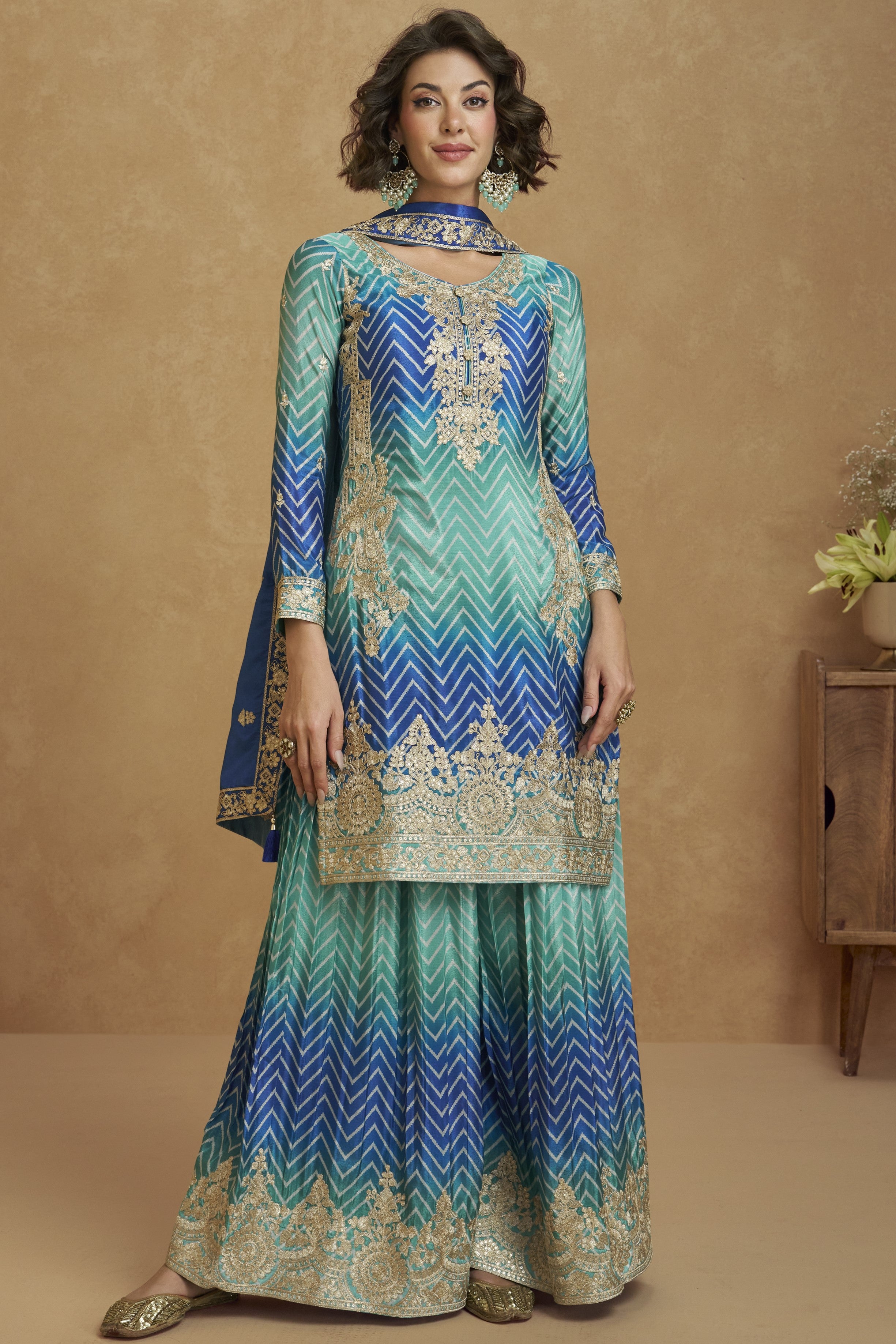 Blue Chinon Silk Palazzo Suit For Indian Wedding & Pakistani Festival - Embroidery Work