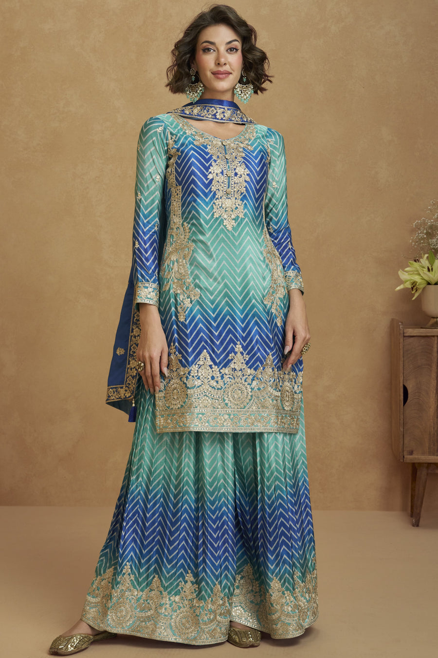 Blue Chinon Silk Palazzo Suit For Indian Wedding & Pakistani Festival - Embroidery Work