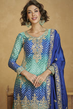 Blue Chinon Silk Palazzo Suit For Indian Wedding & Pakistani Festival - Embroidery Work