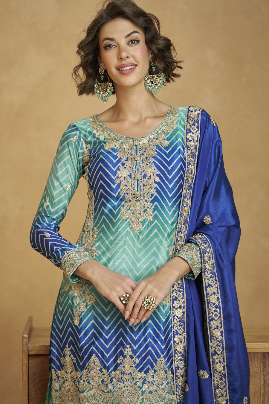 Blue Chinon Silk Palazzo Suit For Indian Wedding & Pakistani Festival - Embroidery Work