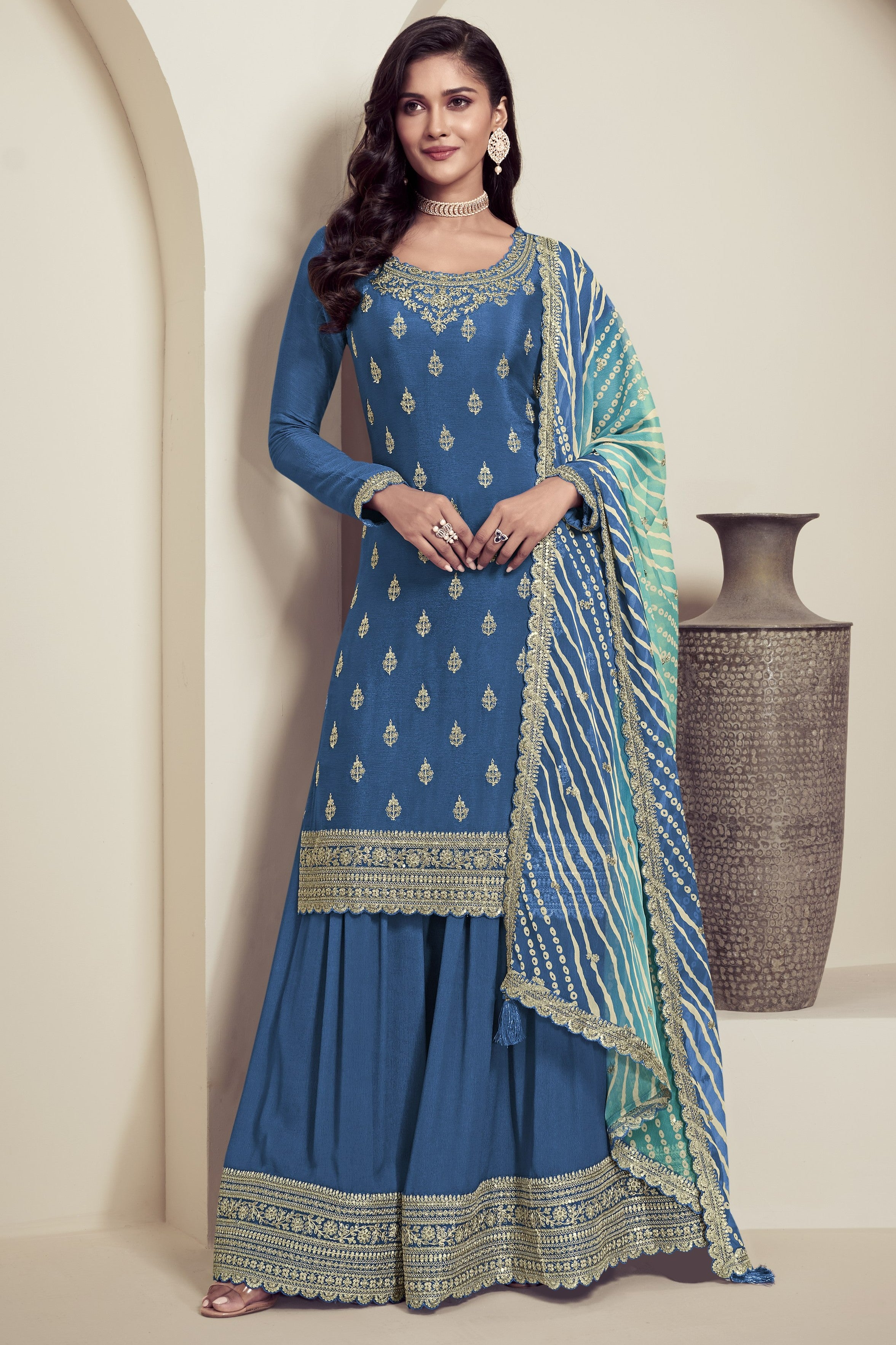 Blue Chinon Silk Palazzo Suit For Indian Wedding & Pakistani Festival - Embroidery Work, Print Work