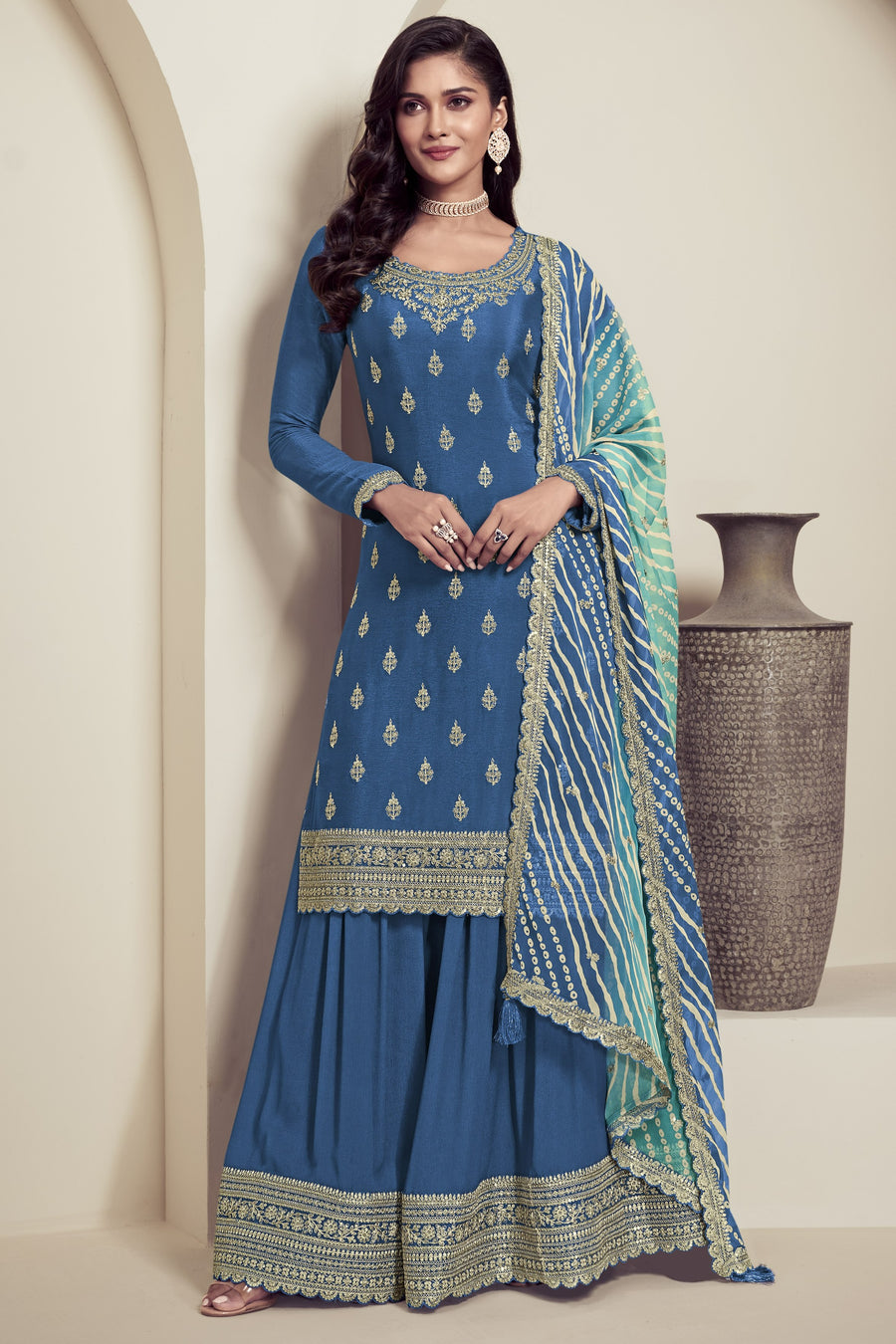 Blue Chinon Silk Palazzo Suit For Indian Wedding & Pakistani Festival - Embroidery Work, Print Work