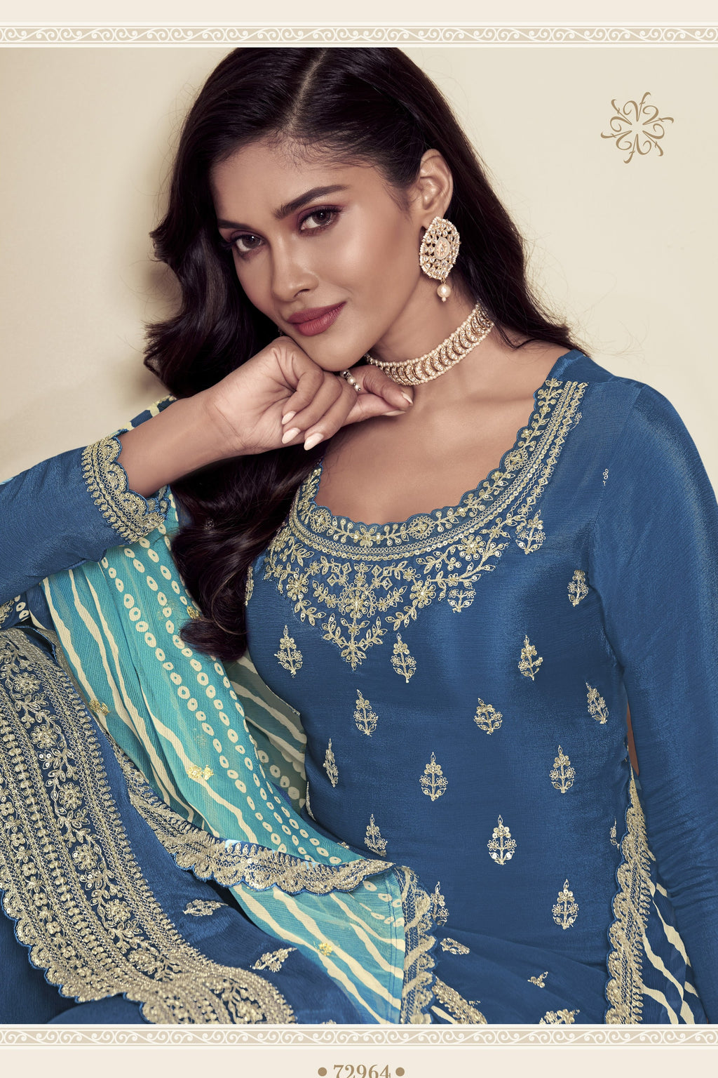 Blue Chinon Silk Palazzo Suit For Indian Wedding & Pakistani Festival - Embroidery Work, Print Work
