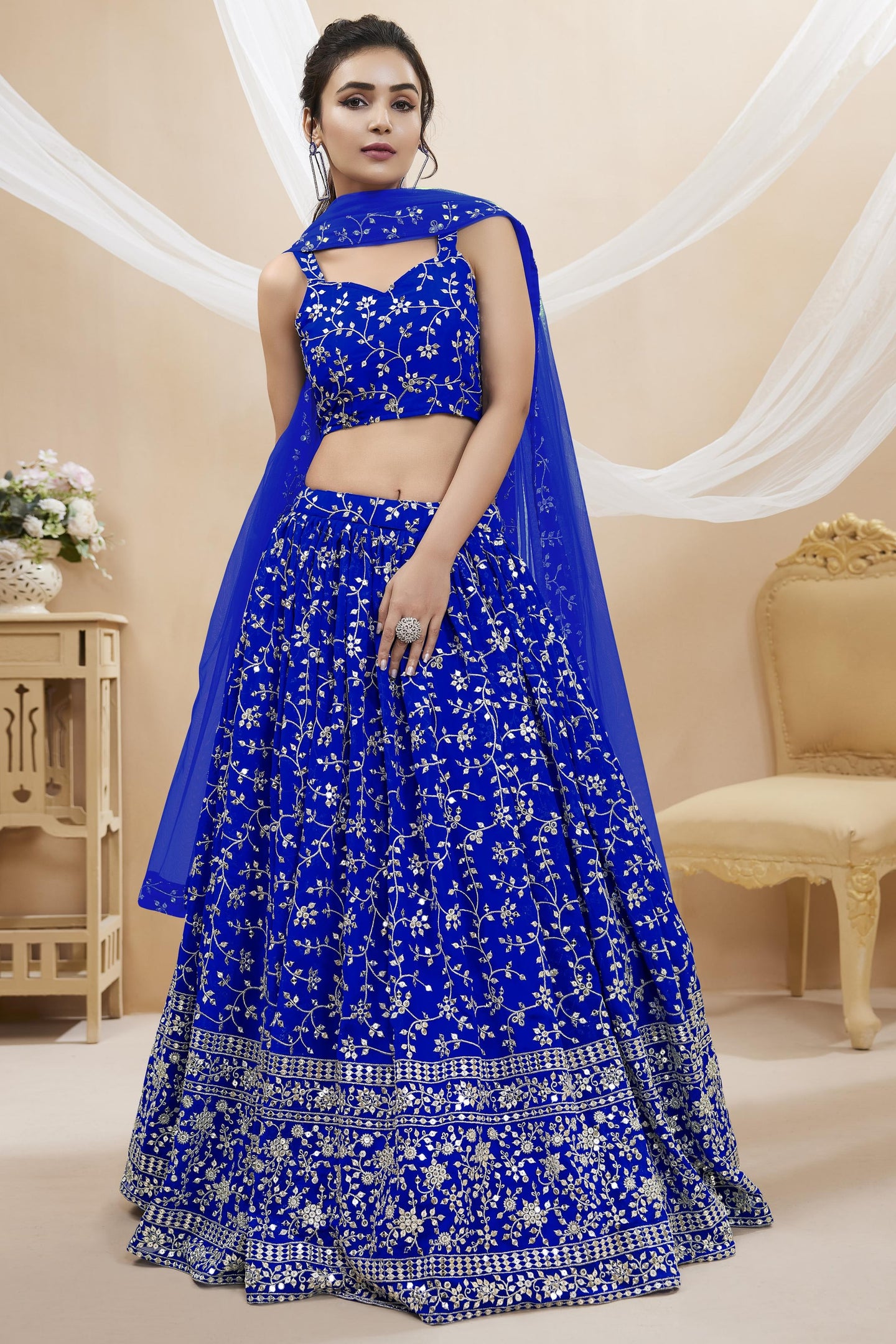 Blue Georgette Lehenga Choli For Indian & Pakistani Wedding Festival - Sequins & Thread Embroidery Work, Zari Work
