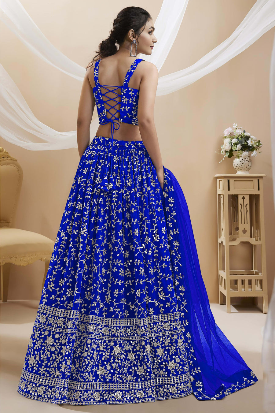 Blue Georgette Lehenga Choli For Indian & Pakistani Wedding Festival - Sequins & Thread Embroidery Work, Zari Work