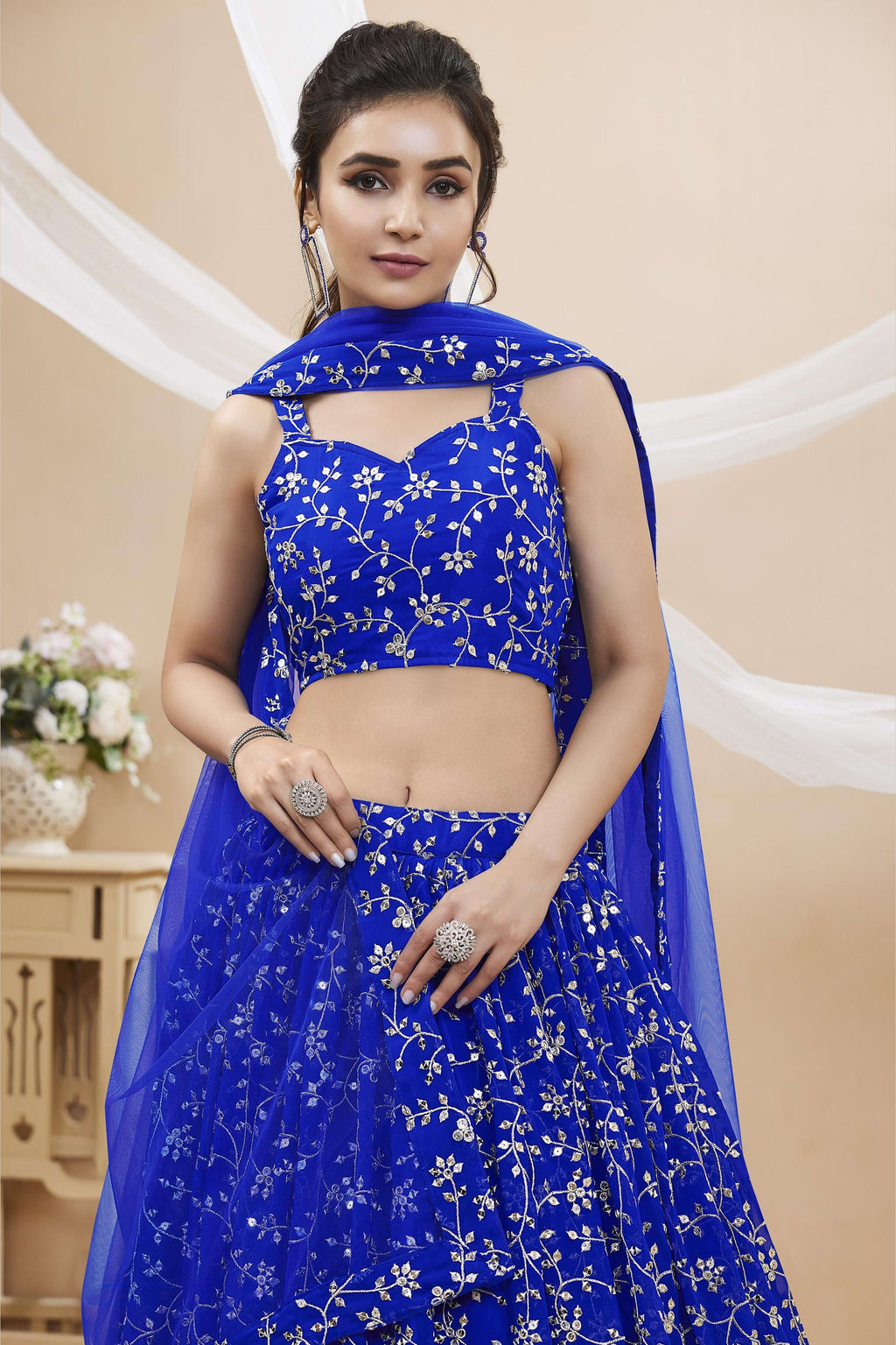 Blue Georgette Lehenga Choli For Indian & Pakistani Wedding Festival - Sequins & Thread Embroidery Work, Zari Work