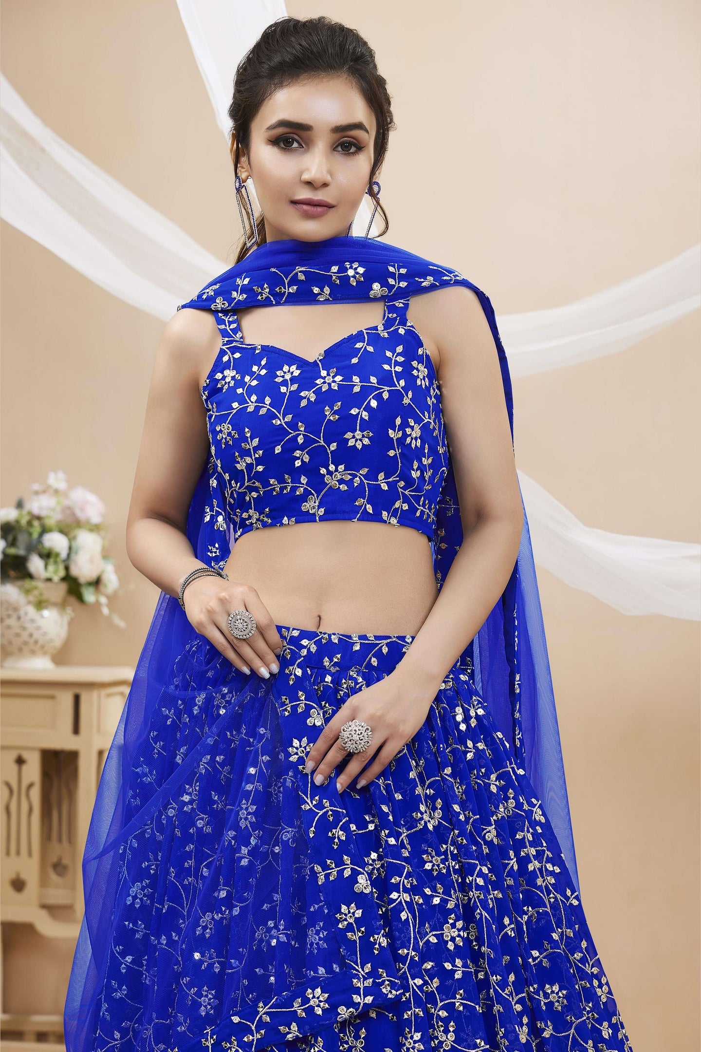 Blue Georgette Lehenga Choli For Indian & Pakistani Wedding Festival - Sequins & Thread Embroidery Work, Zari Work