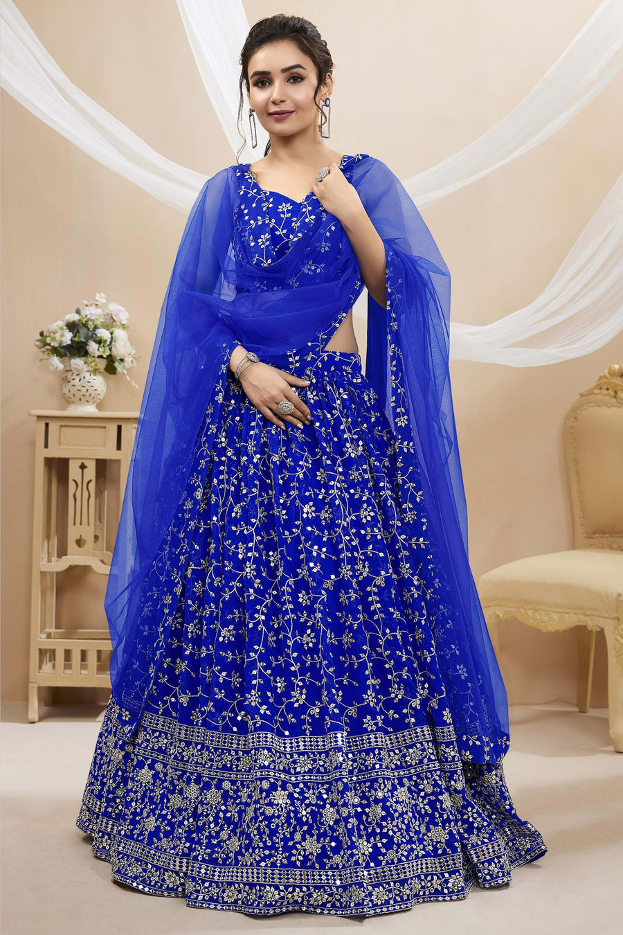 Blue Georgette Lehenga Choli For Indian & Pakistani Wedding Festival - Sequins & Thread Embroidery Work, Zari Work
