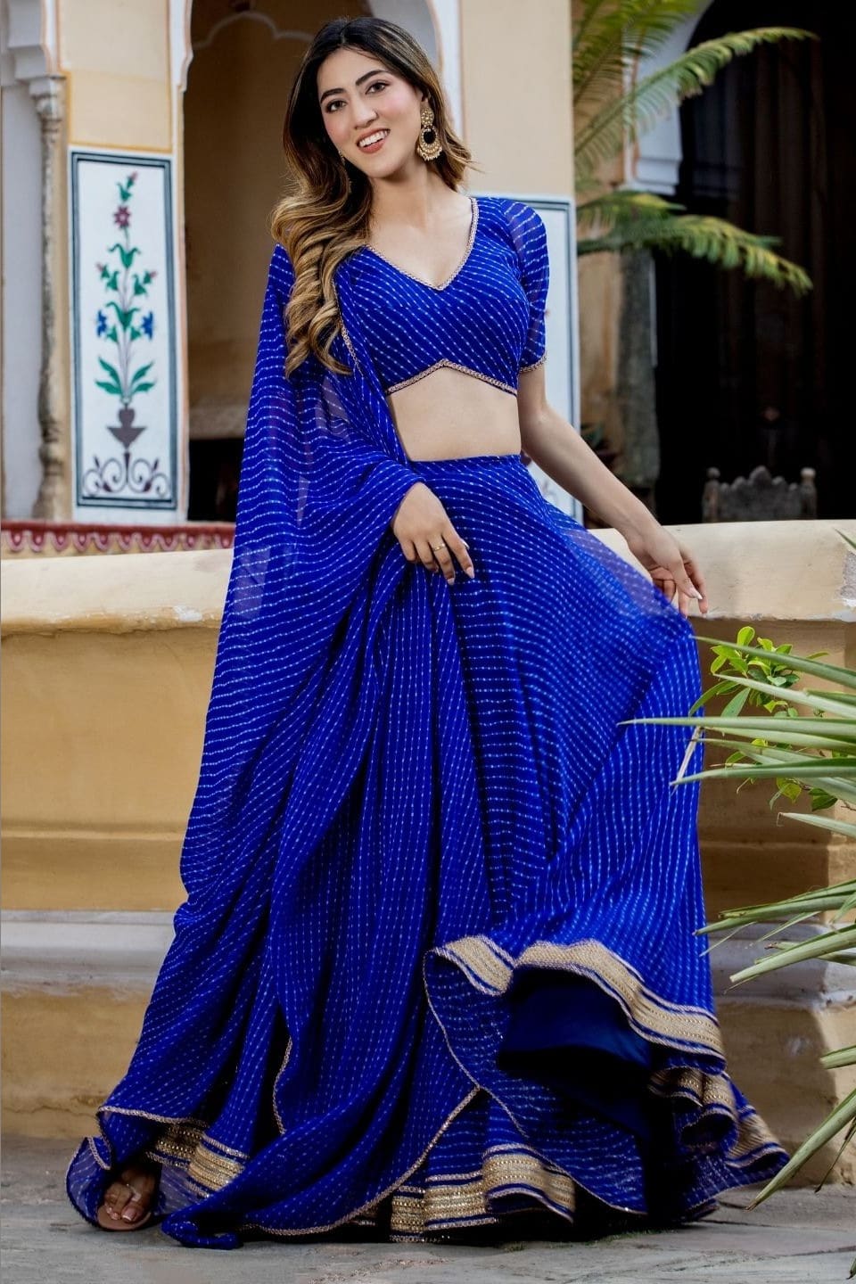 Blue Georgette Leriya Print Lehenga Choli For Indian & Pakistani Wedding Festival - Print Work, Zari Work