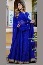 Blue Georgette Leriya Print Lehenga Choli For Indian & Pakistani Wedding Festival - Print Work, Zari Work