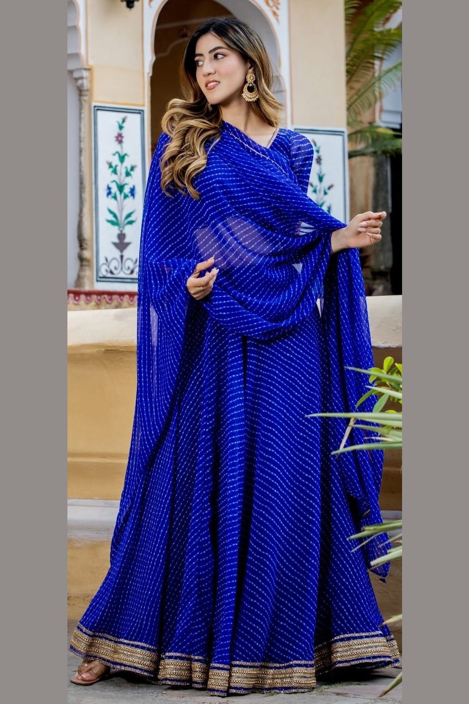 Blue Georgette Leriya Print Lehenga Choli For Indian & Pakistani Wedding Festival - Print Work, Zari Work