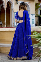 Blue Georgette Leriya Print Lehenga Choli For Indian & Pakistani Wedding Festival - Print Work, Zari Work