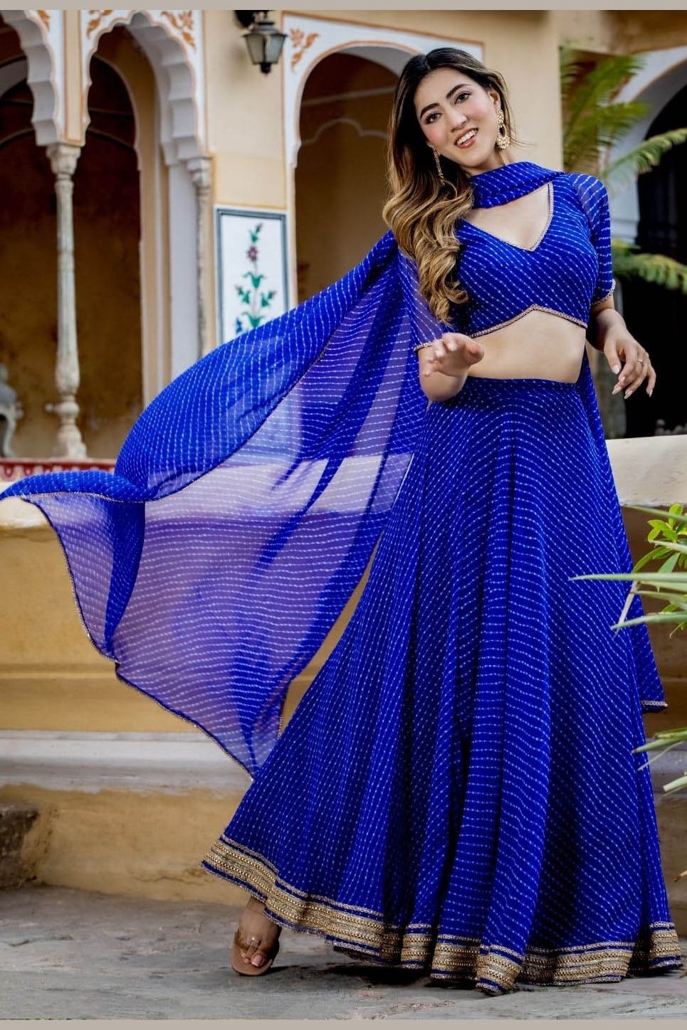 Blue Georgette Leriya Print Lehenga Choli For Indian & Pakistani Wedding Festival - Print Work, Zari Work