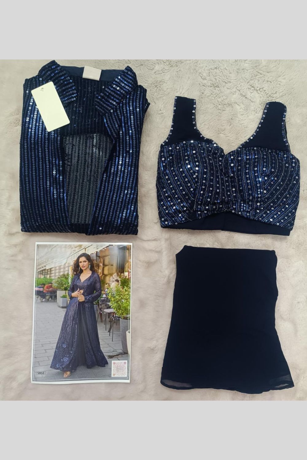 Blue Georgette Plazo Choli With Jacket For Indian & Pakistani Wedding Festival - Thread & Sequins Embroidery Work