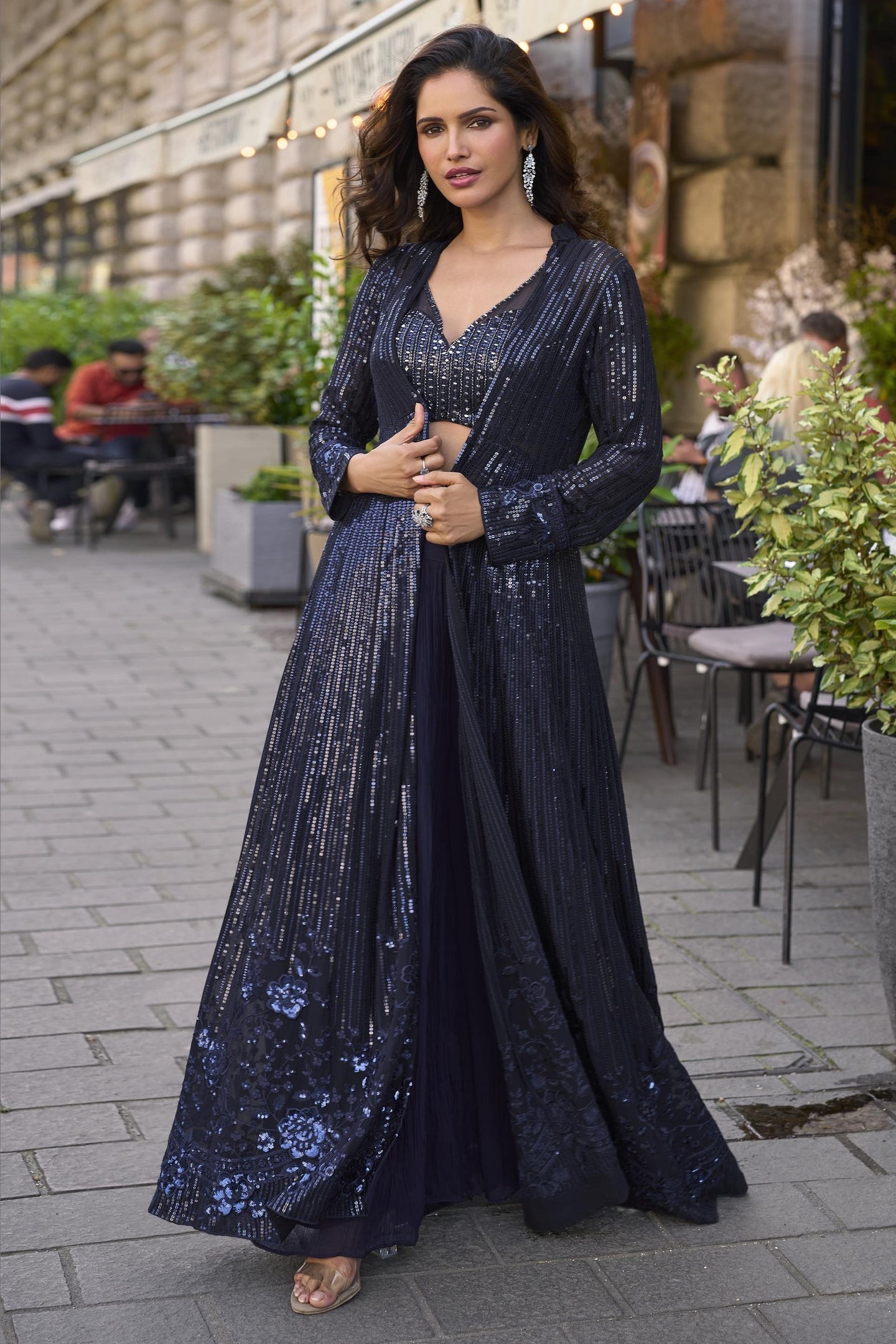Blue Georgette Plazo Choli With Jacket For Indian & Pakistani Wedding Festival - Thread & Sequins Embroidery Work