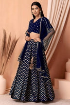 Blue Georgette V Neck Lehenga Choli with Zari and Sequins Work
