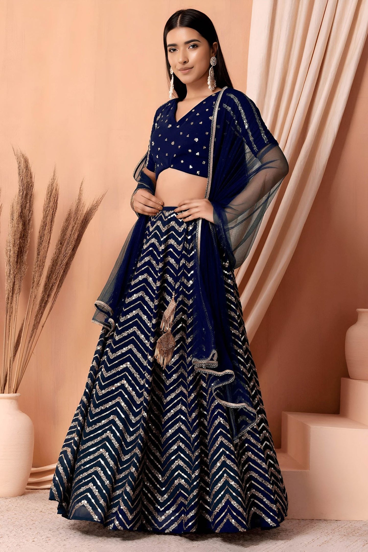 Blue Georgette V Neck Lehenga Choli with Zari and Sequins Work