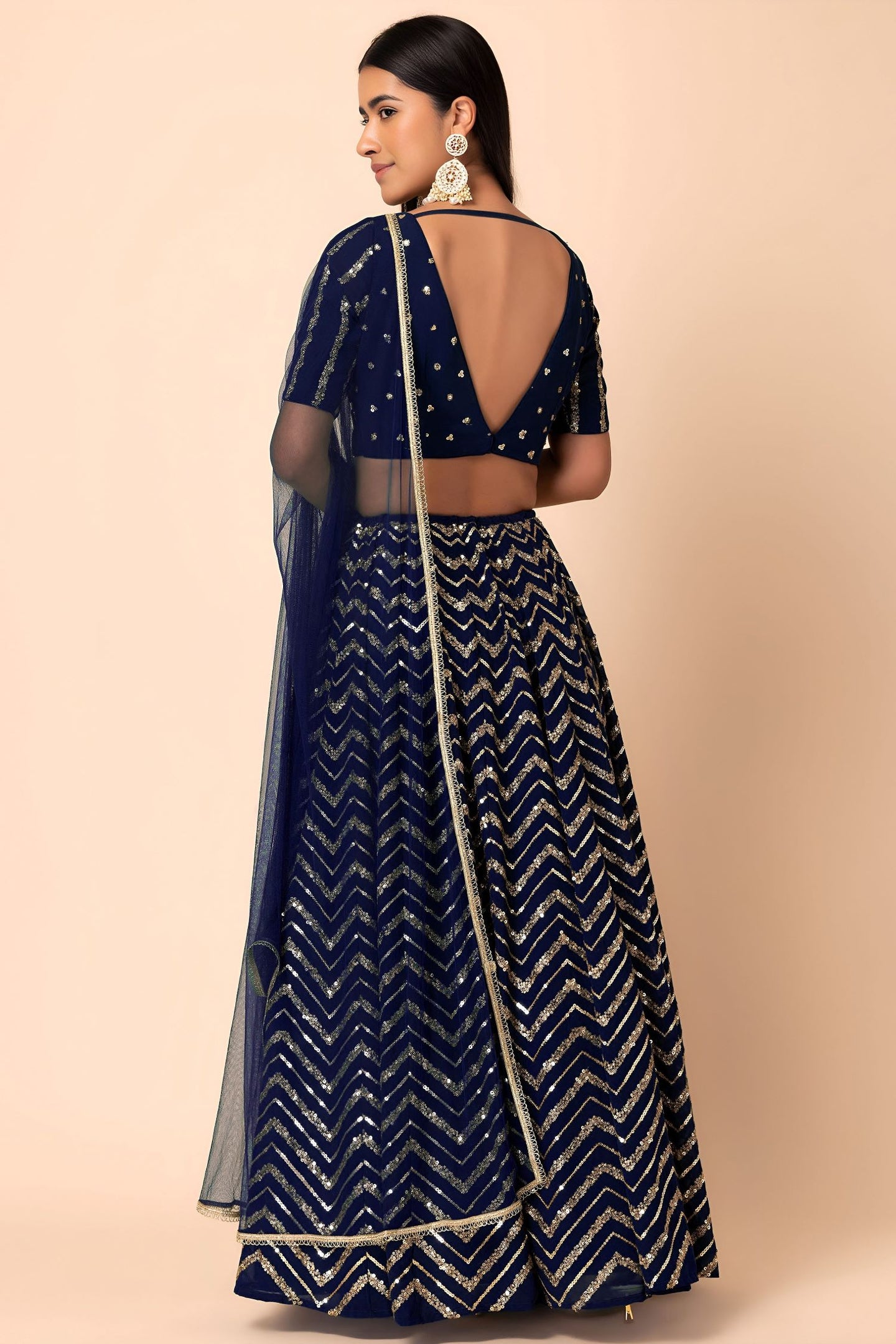 Blue Georgette V Neck Lehenga Choli with Zari and Sequins Work
