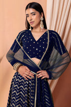 Blue Georgette V Neck Lehenga Choli with Zari and Sequins Work