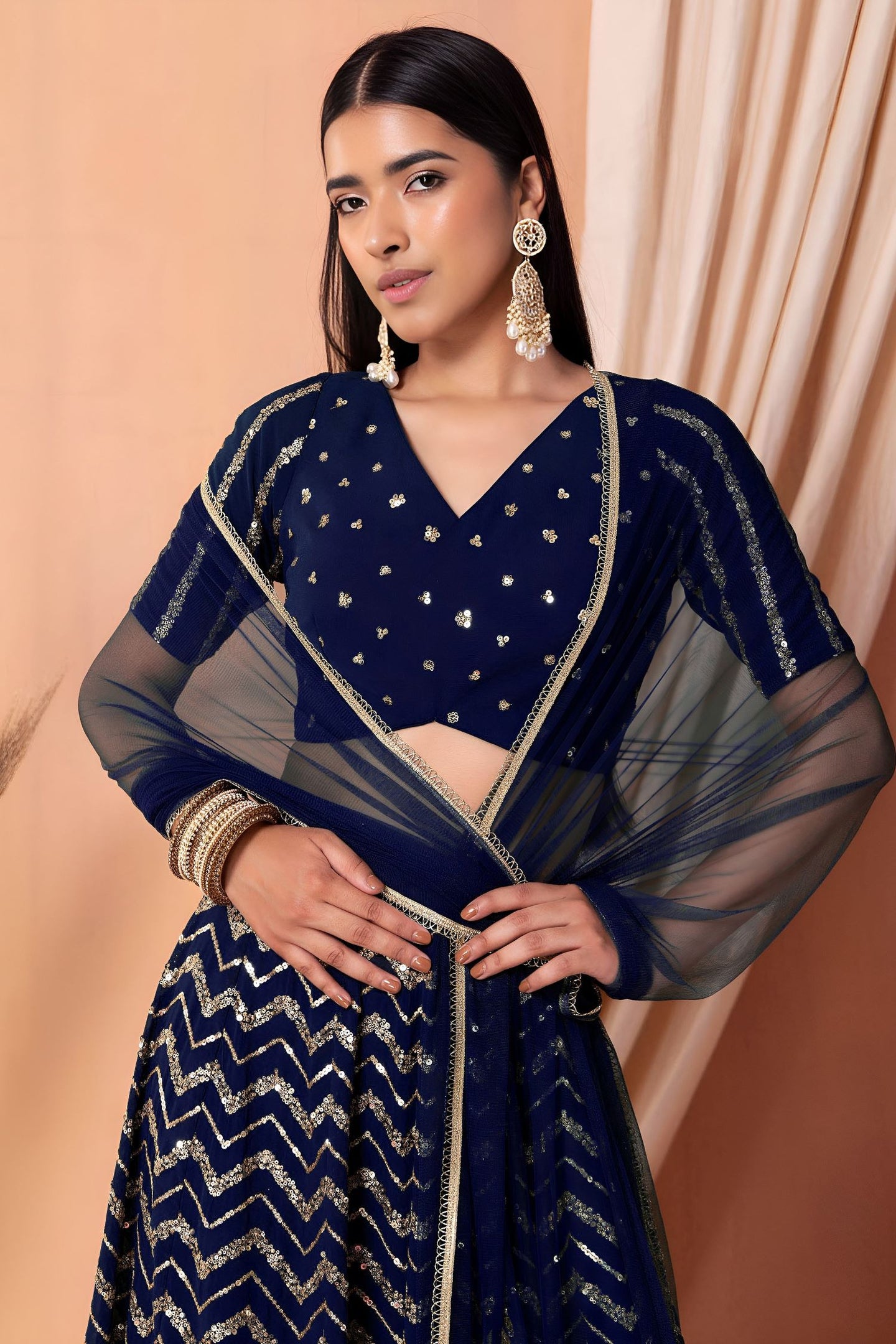 Blue Georgette V Neck Lehenga Choli with Zari and Sequins Work
