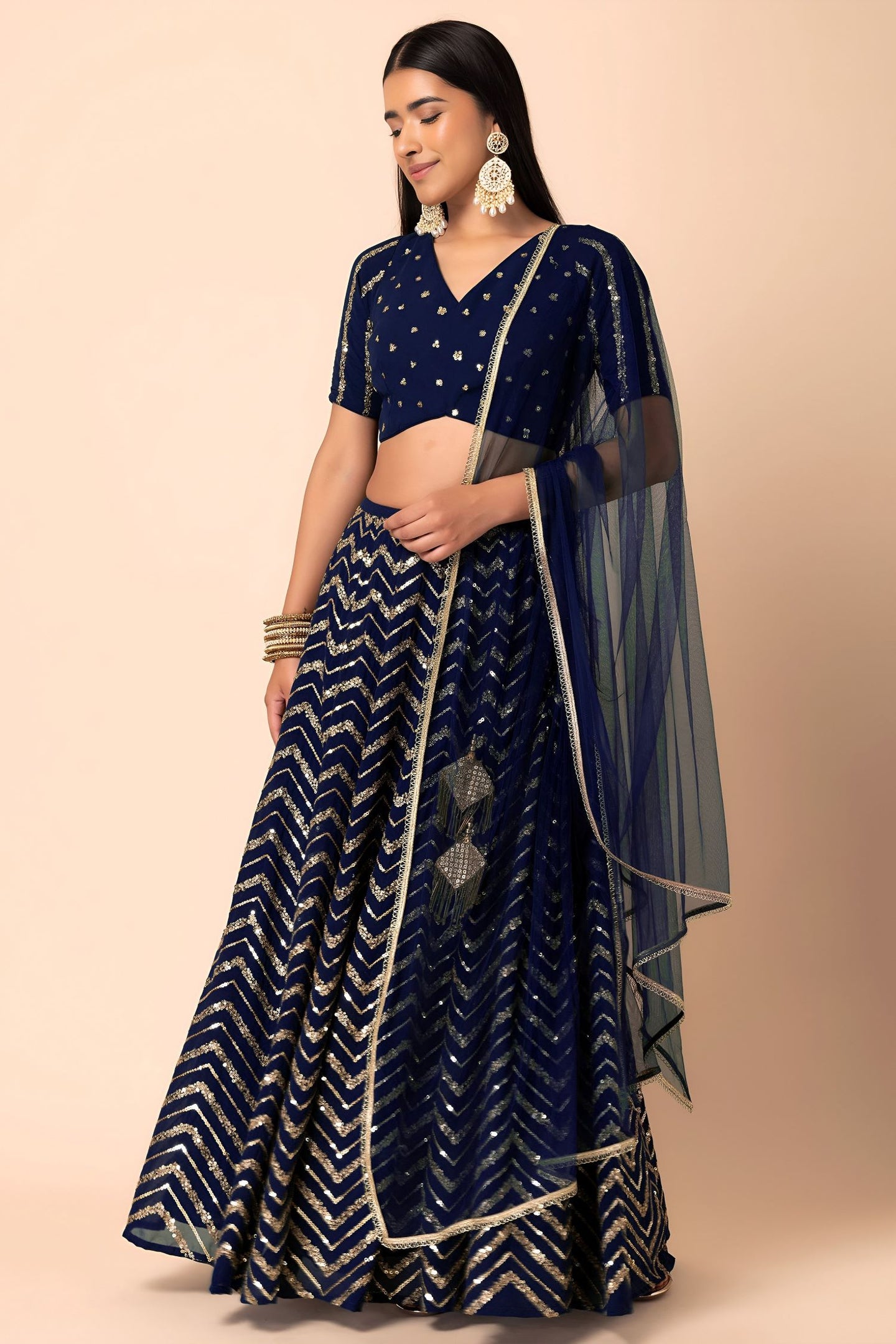 Blue Georgette V Neck Lehenga Choli with Zari and Sequins Work