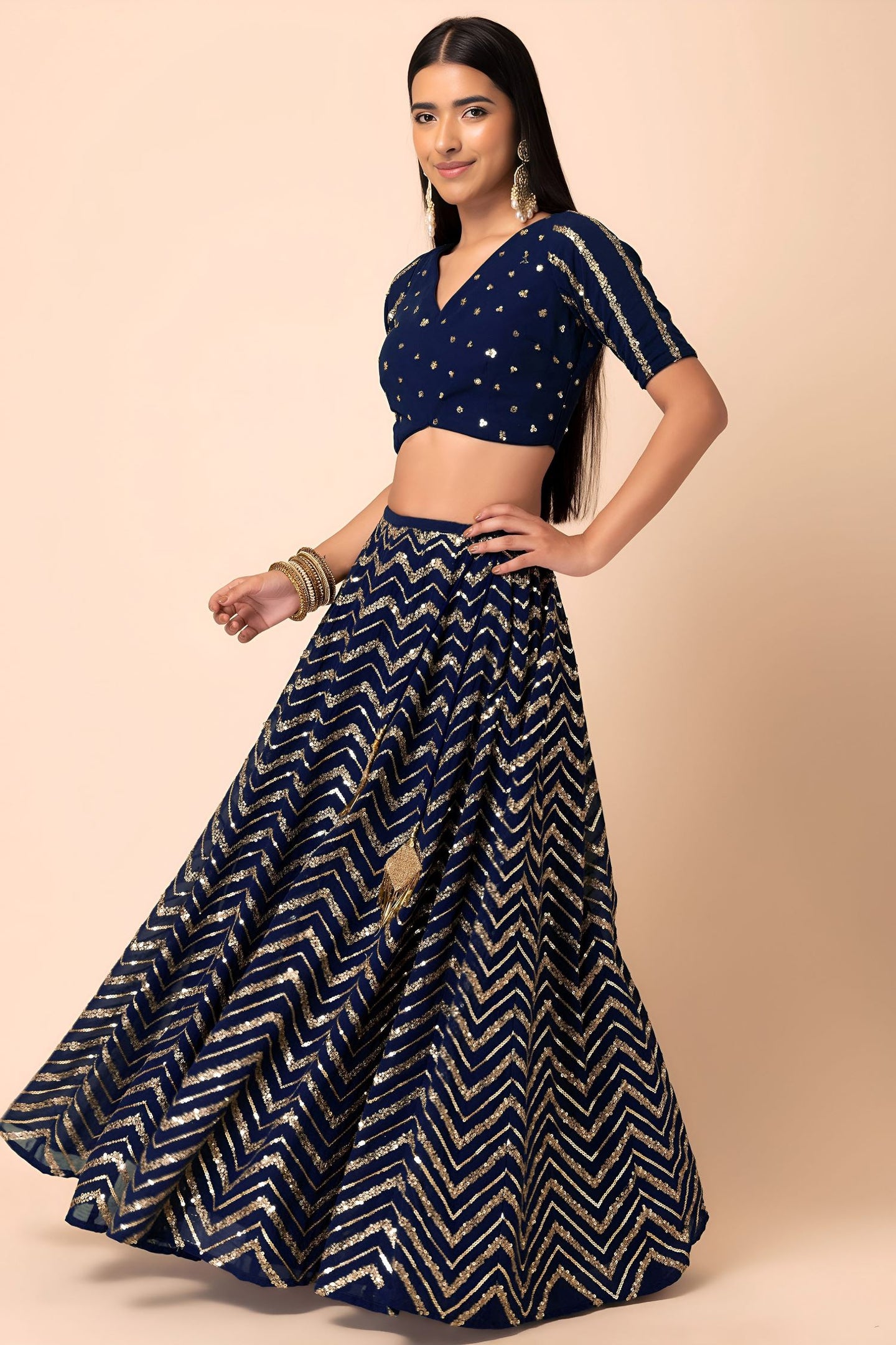 Blue Georgette V Neck Lehenga Choli with Zari and Sequins Work