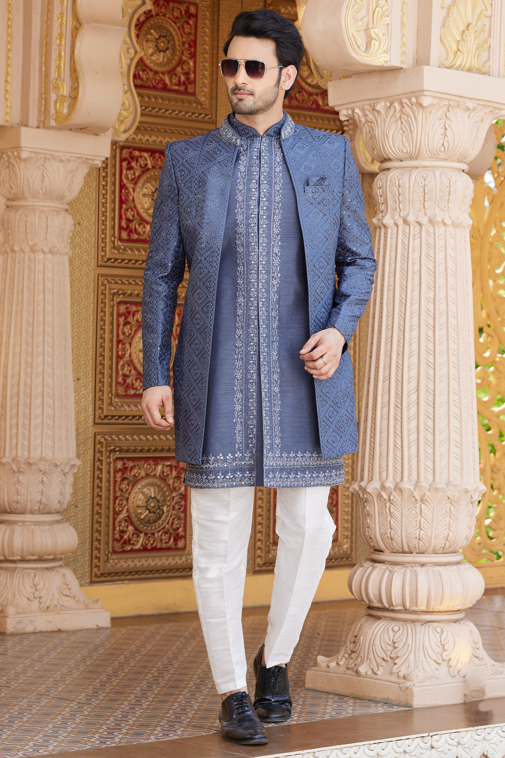 Blue Gray Art Silk Indo Western Suit Long Kurta with Jacket, Pant & Dupatta for Men for Wedding - Thread Embroidery Work