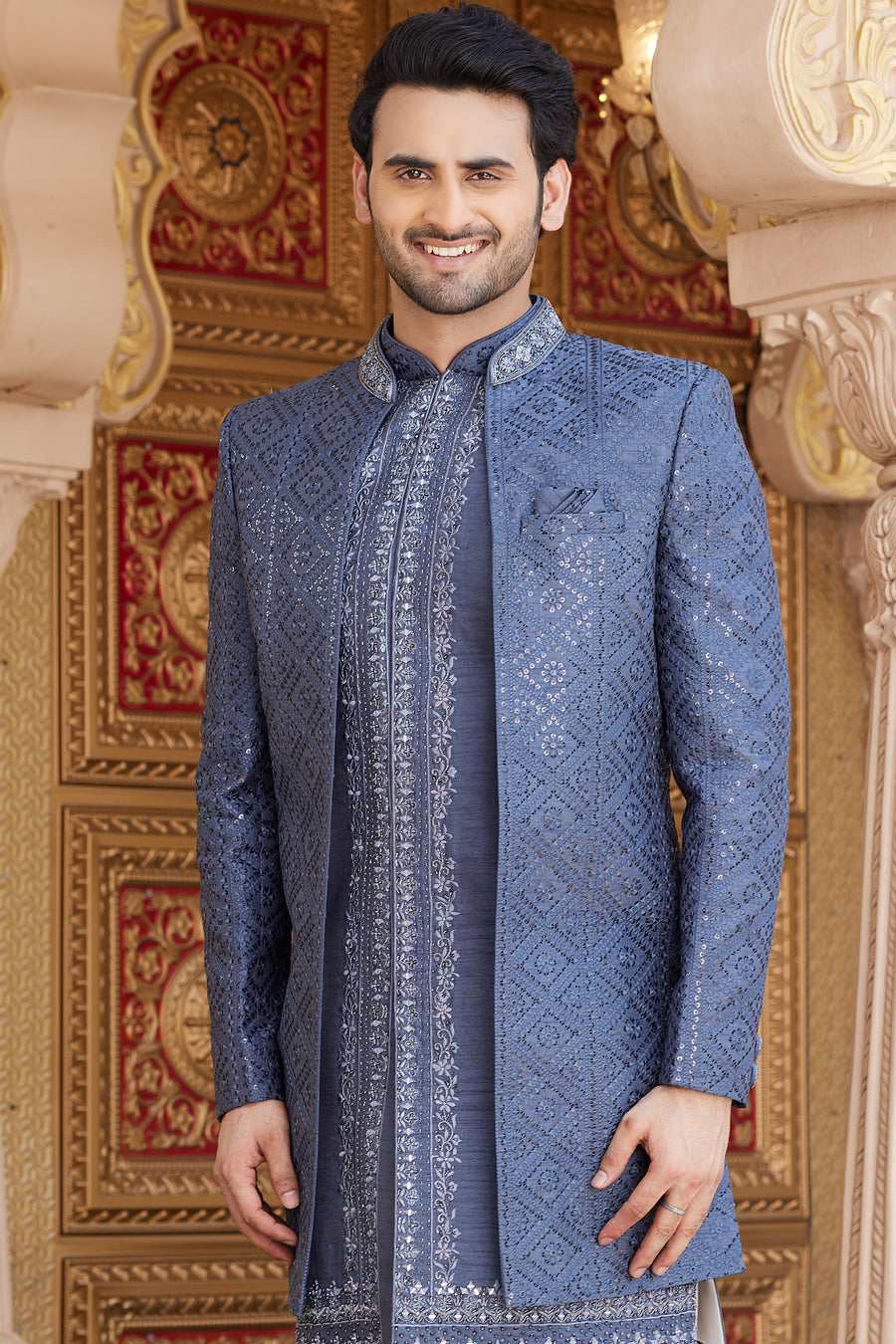 Blue Gray Art Silk Indo Western Suit Long Kurta with Jacket, Pant & Dupatta for Men for Wedding - Thread Embroidery Work