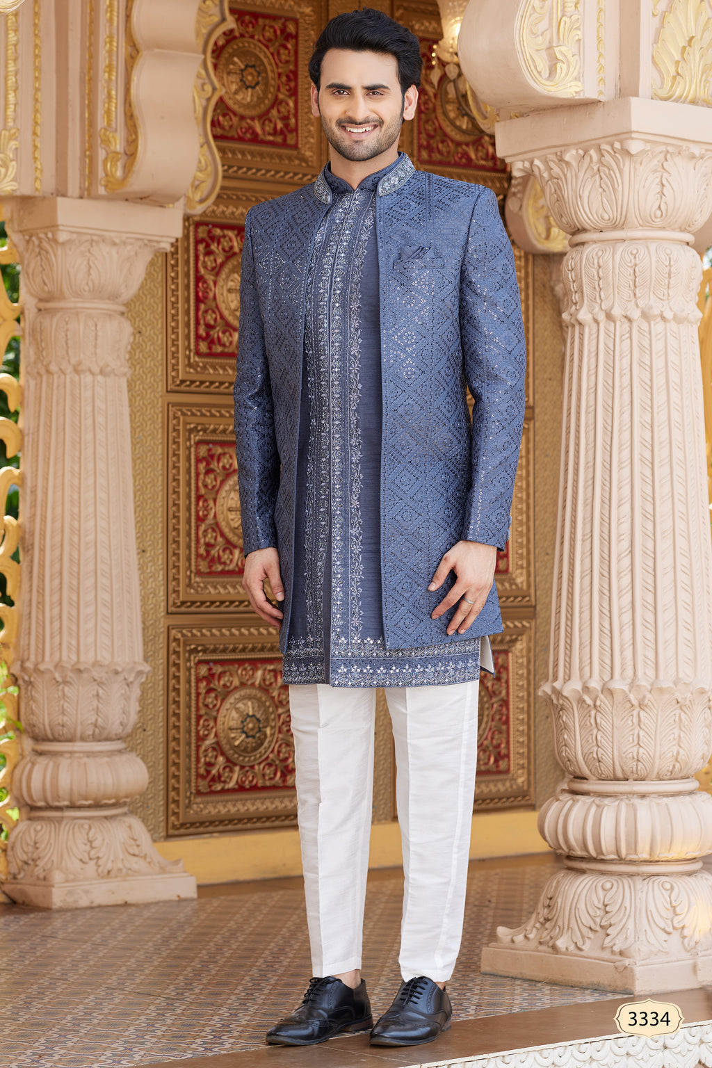 Blue Gray Art Silk Indo Western Suit Long Kurta with Jacket, Pant & Dupatta for Men for Wedding - Thread Embroidery Work