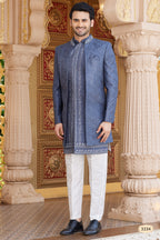 Blue Gray Art Silk Indo Western Suit Long Kurta with Jacket, Pant & Dupatta for Men for Wedding - Thread Embroidery Work