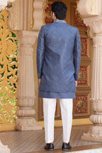 Blue Gray Art Silk Indo Western Suit Long Kurta with Jacket, Pant & Dupatta for Men for Wedding - Thread Embroidery Work