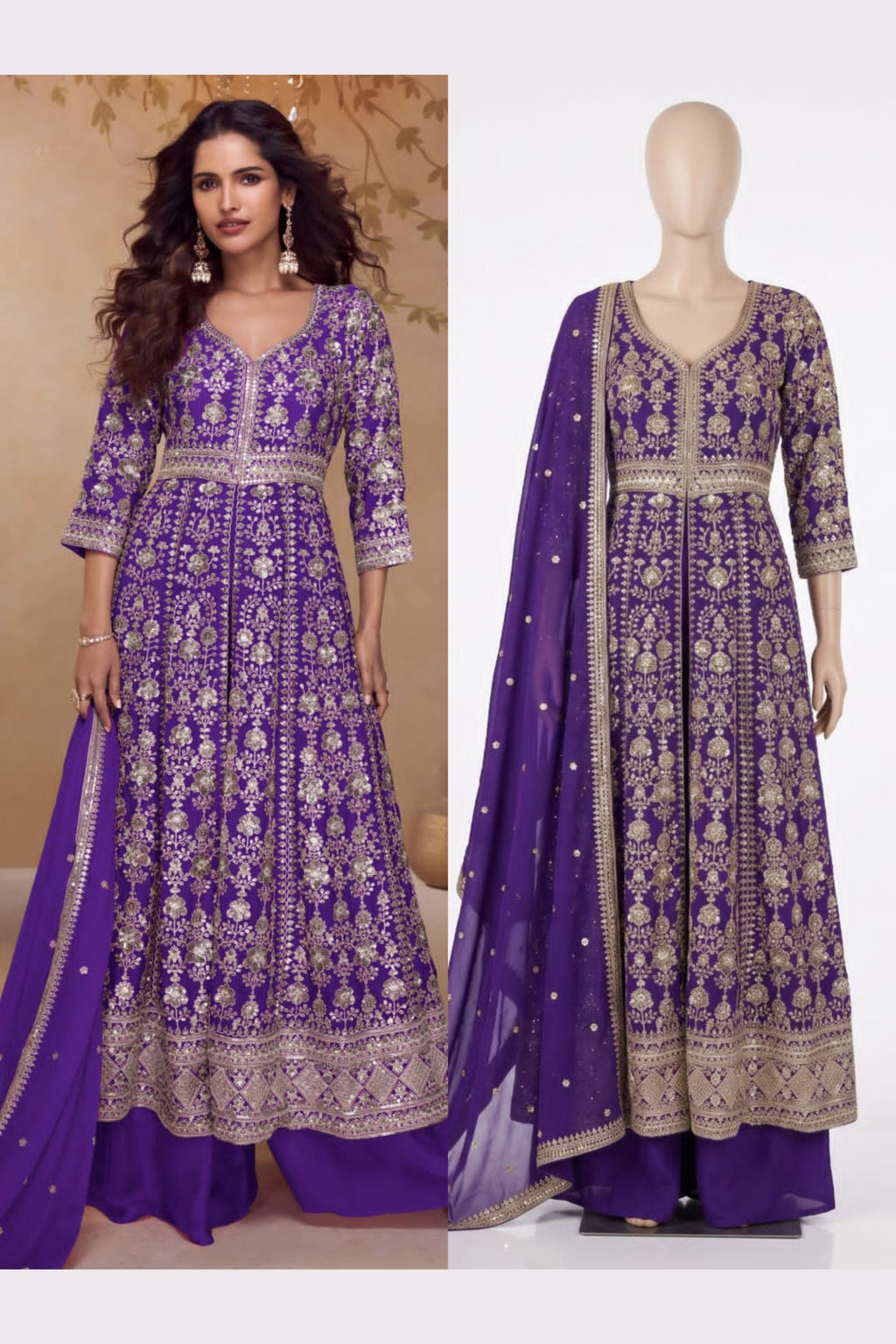 Blue India Wedding Gowns Chinon Silk Anarkali Suit Palazzo