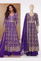 Blue India Wedding Gowns Chinon Silk Anarkali Suit Palazzo