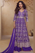 Blue India Wedding Gowns Chinon Silk Anarkali Suit Palazzo