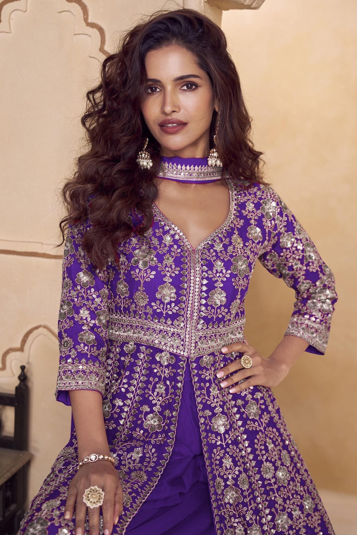 Blue India Wedding Gowns Chinon Silk Anarkali Suit Palazzo