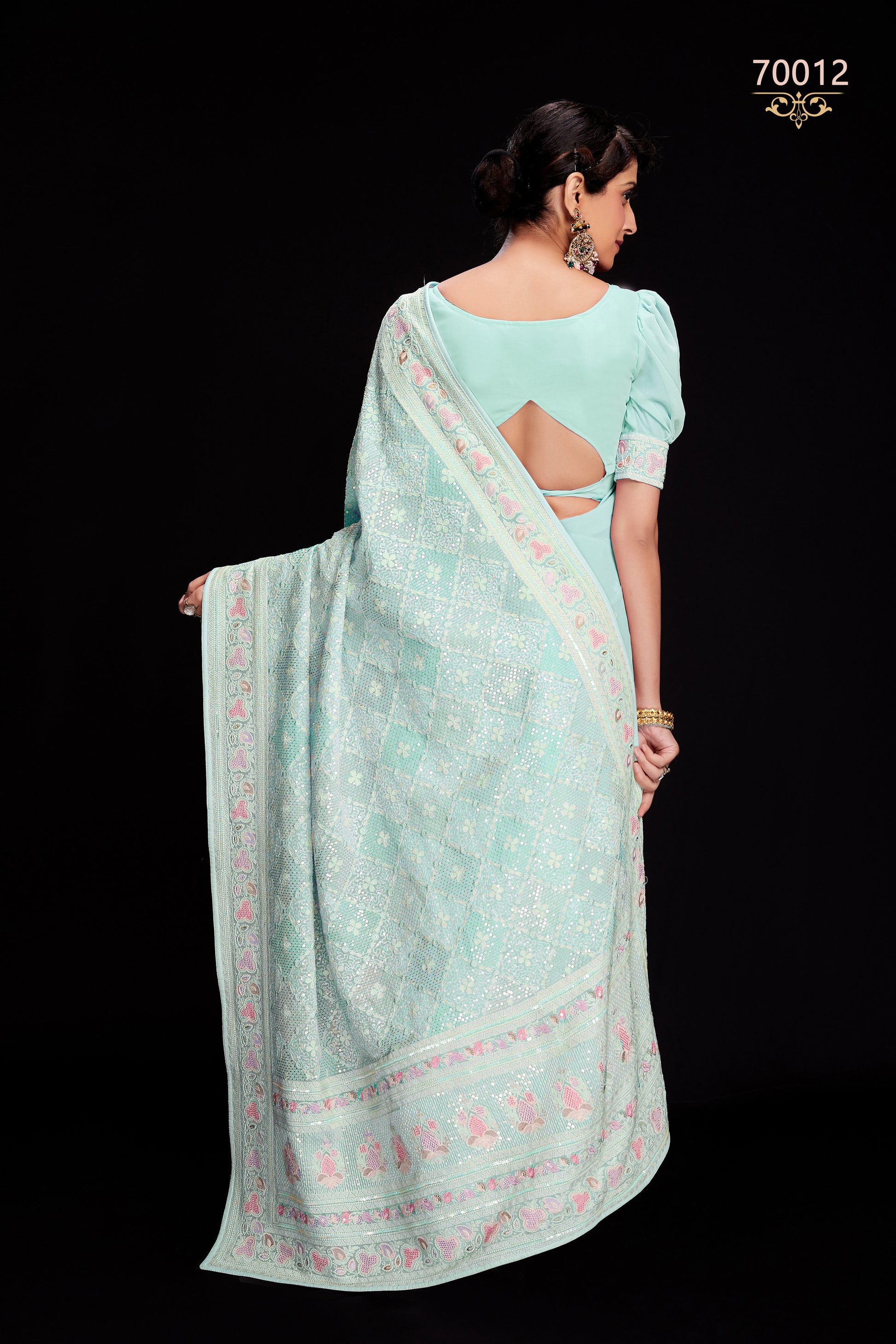 Blue Indian Georgette Saree For Indian Festivals & Weddings - Sequence Embroidery Work, Lucknowi Work