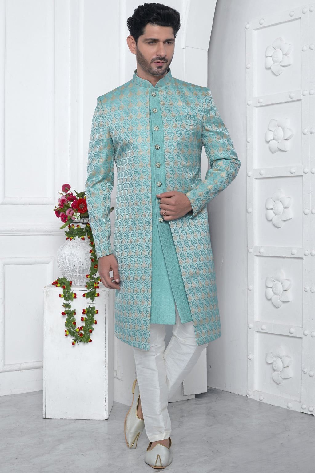 Blue Jacquard Silk Indowestern Suit Long Kurta with Jacket & Pant for Men for Wedding - Jacquard Work