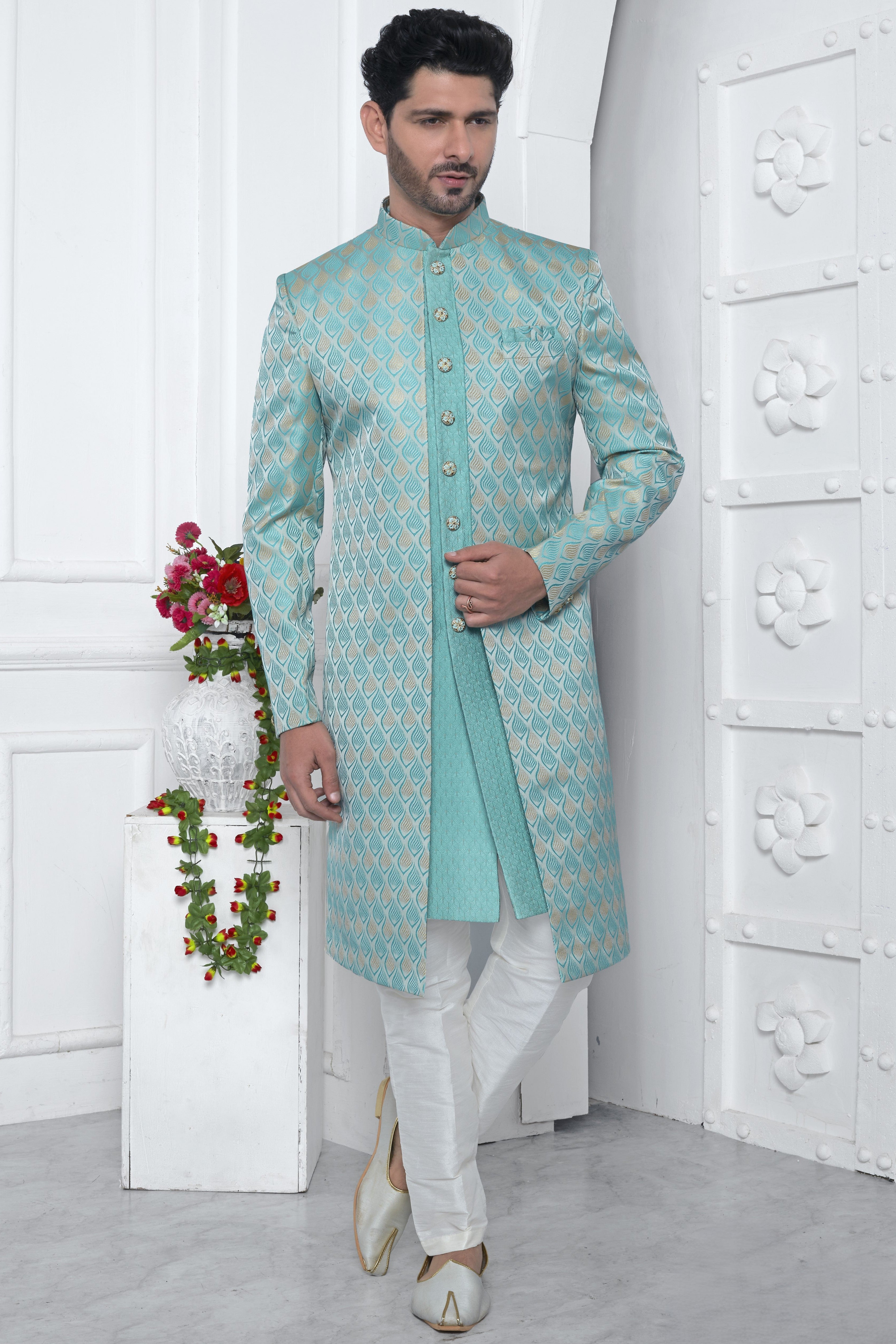 Blue Jacquard Silk Indowestern Suit Long Kurta with Jacket & Pant for Men for Wedding - Jacquard Work