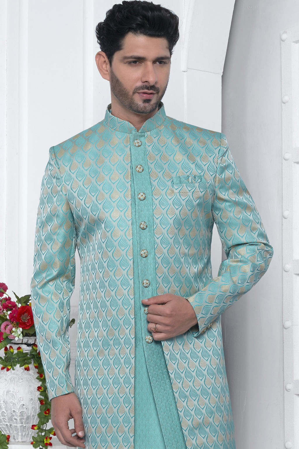 Blue Jacquard Silk Indowestern Suit Long Kurta with Jacket & Pant for Men for Wedding - Jacquard Work