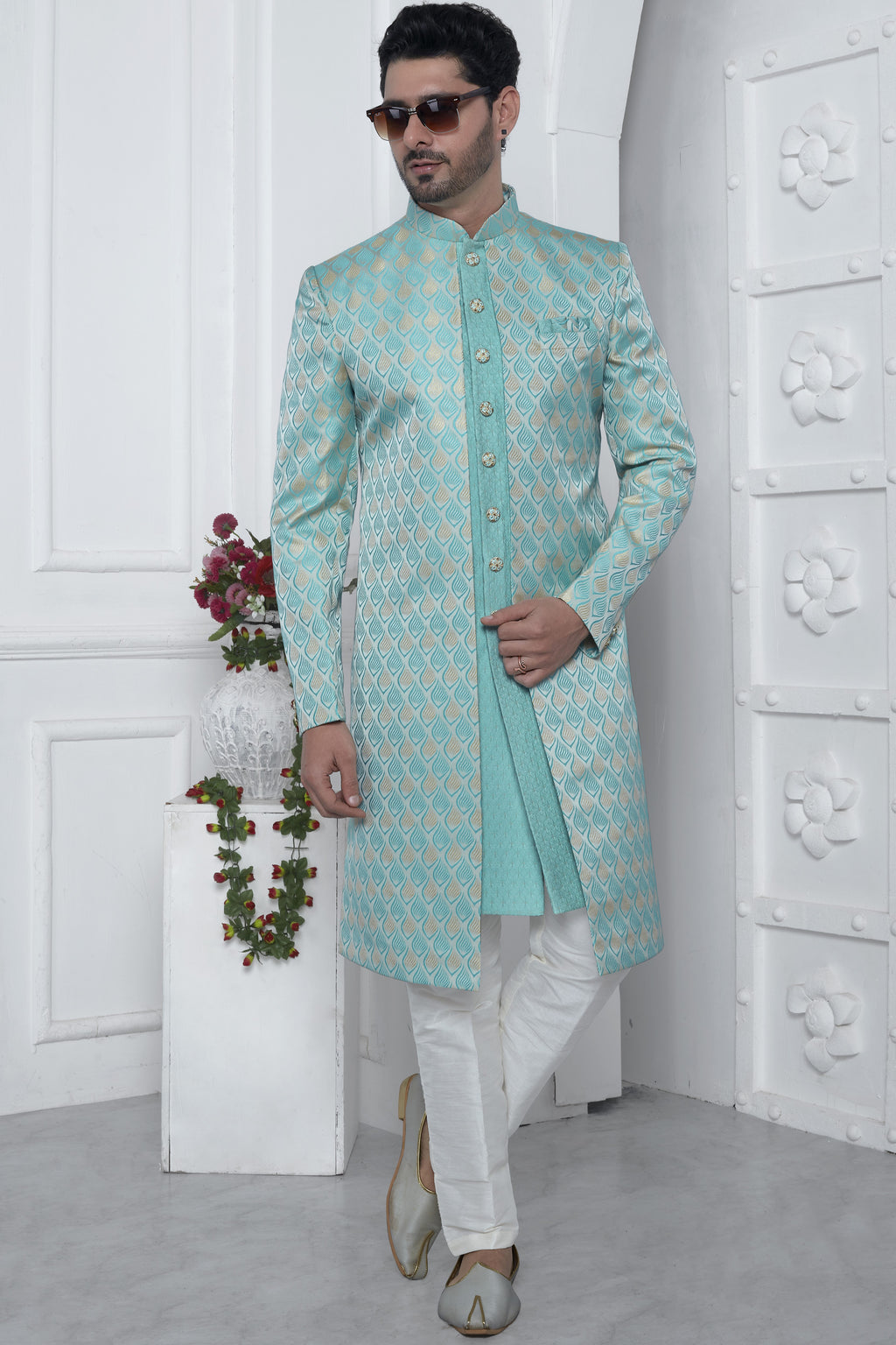 Blue Jacquard Silk Indowestern Suit Long Kurta with Jacket & Pant for Men for Wedding - Jacquard Work