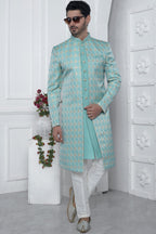 Blue Jacquard Silk Indowestern Suit Long Kurta with Jacket & Pant for Men for Wedding - Jacquard Work